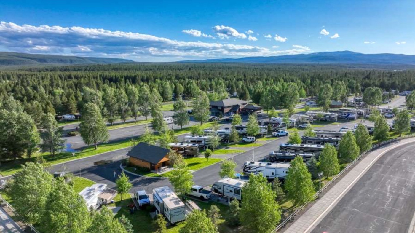 Aerial view of Yellowstone Grizzly RV Park in West Yellowstone, Montana