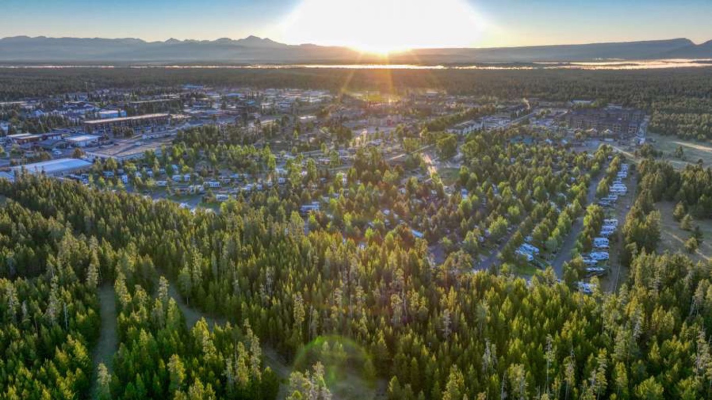 West Yellowstone at sunset from above Grizzly RV Park