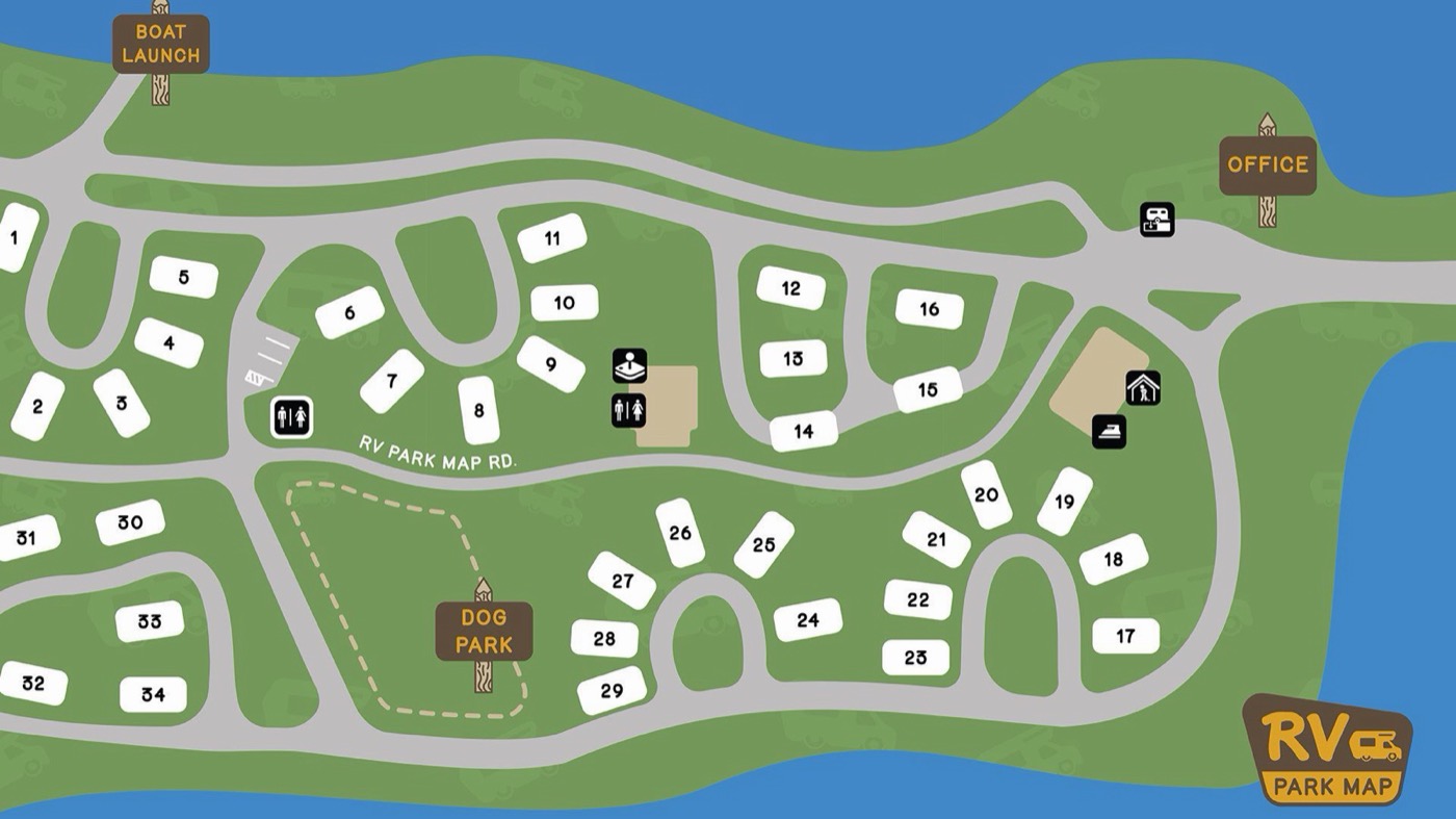 A park map drawn by RV Park Map with numbered sites, office, dog park, and boat launch