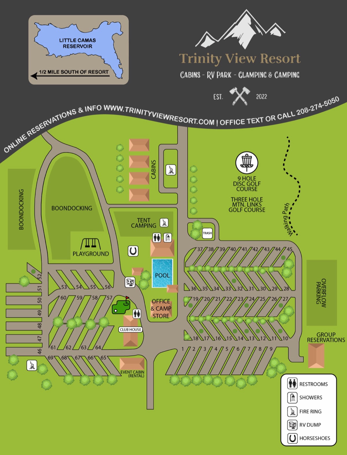 Trinity View Resort park map with numbered sites, cabins, tent camping, pool, clubhouse, and a legend